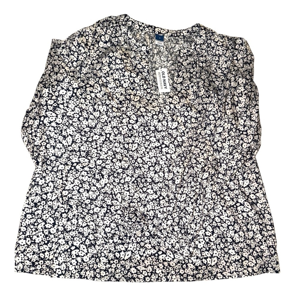 Old Navy Dk Blue & White Floral Cotton Poplin Split V Peasant Top S